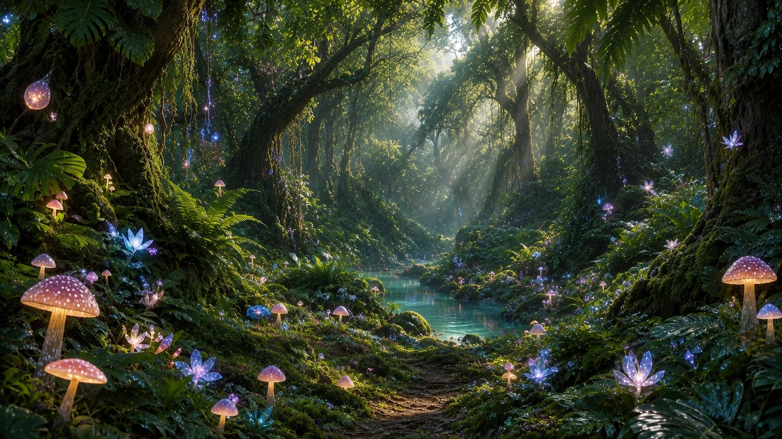 An enchanted forest at dawn: glowing mushrooms and violet flowers line a turquoise stream under rays of light